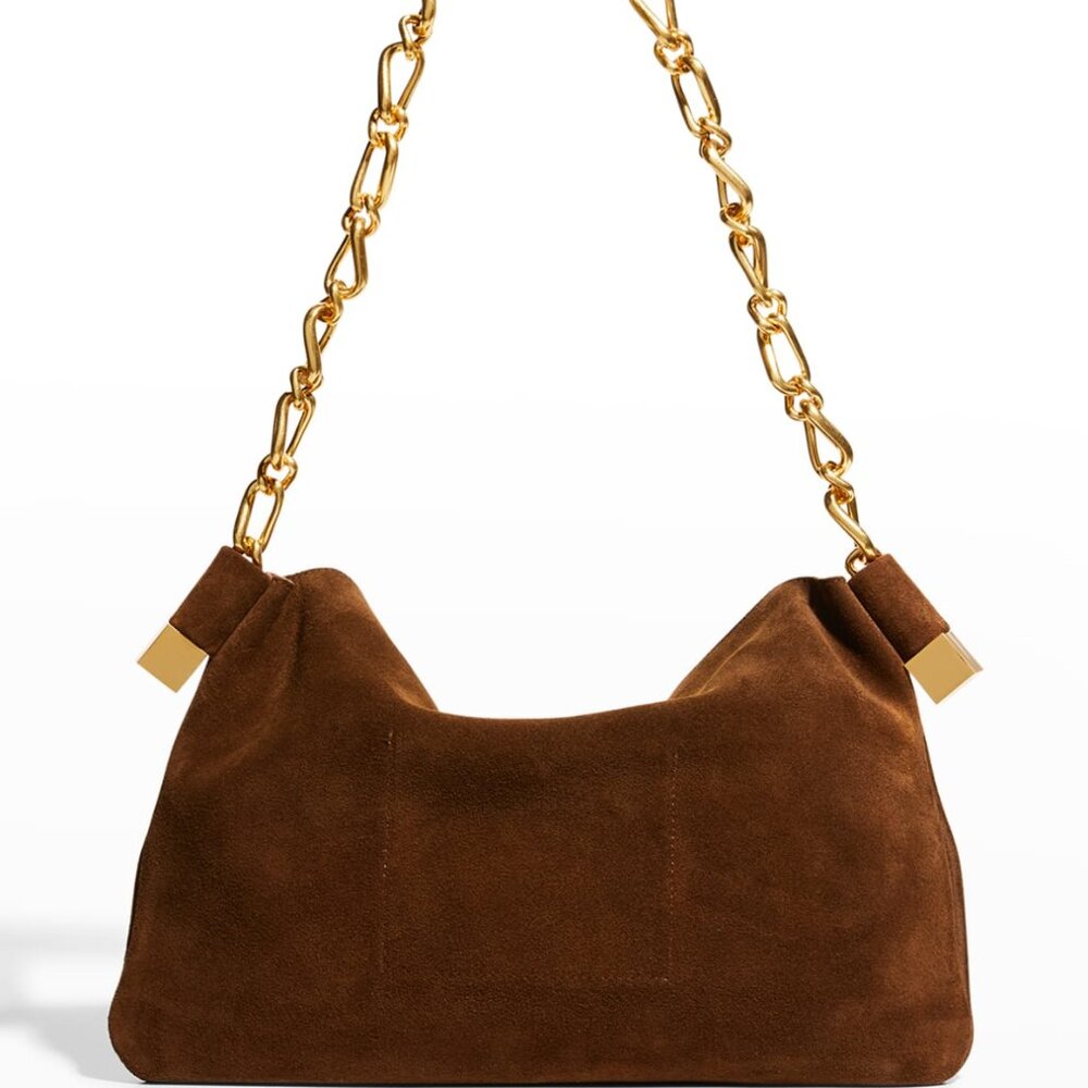 Nanushka Brown Suede Shoulder Bag with Gold Chain Strap